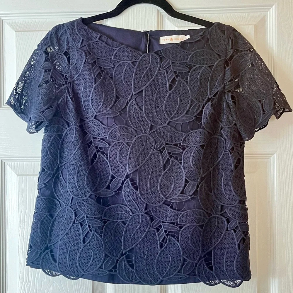 Tory Burch Women's Lace Short Sleeve Navy Top Blouse, Size 4